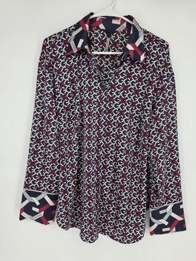Womens Guess Alexandra Long Sleeve Logo Print Button-Down Shirt Size XL Satin